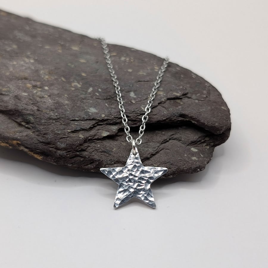 Hammered Silver Aluminium Star Pendant Necklace
