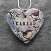 Handmade Ceramic Cariad Drywod Wren Heart pendant