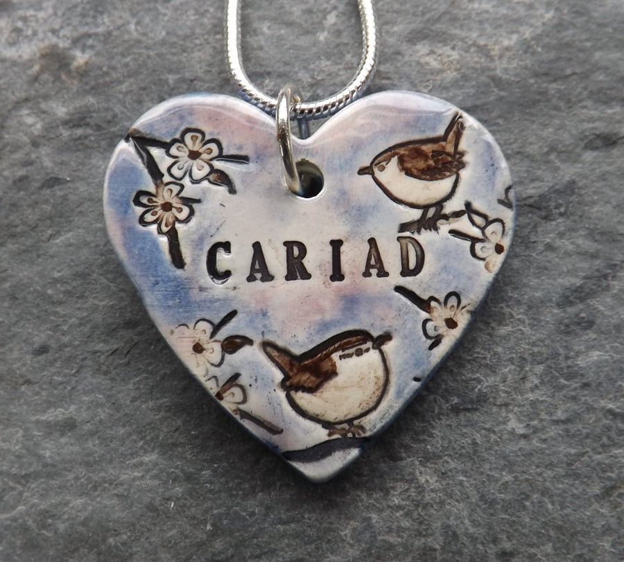 Handmade Ceramic Cariad Drywod Wren Heart pendant