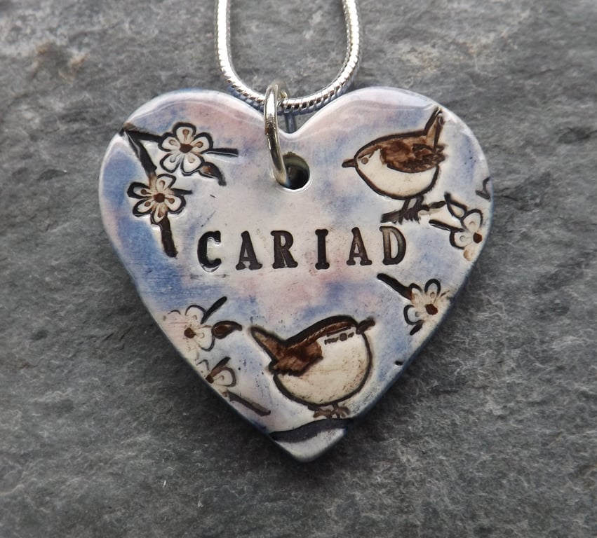 Handmade Ceramic Cariad Drywod Wren Heart pendant