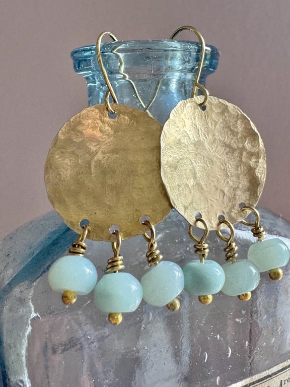 Golden brass earrings with Aventurine Gemstones Handmade in Cornwall