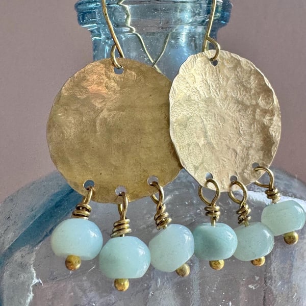 Golden brass earrings with Aventurine Gemstones Handmade in Cornwall