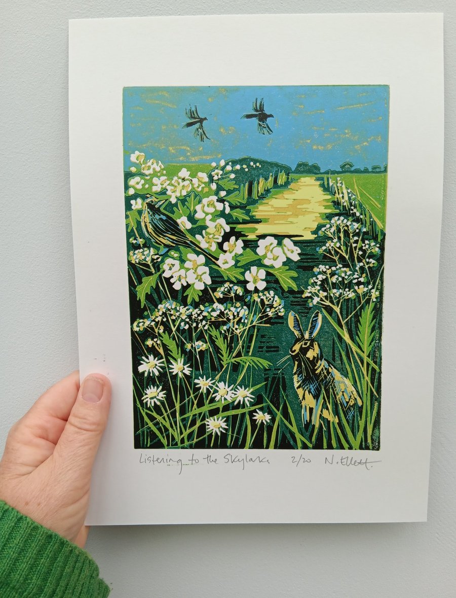 'Listening to the Skylarks' - linoprint