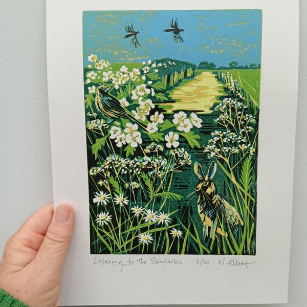 'Listening to the Skylarks' - linoprint