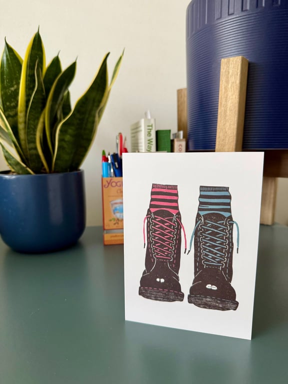 Docs and Odd Socks : Blank Greetings Card from an original lino print