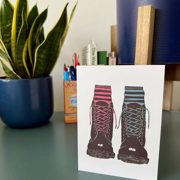 Docs and Odd Socks : Blank Greetings Card from an original lino print