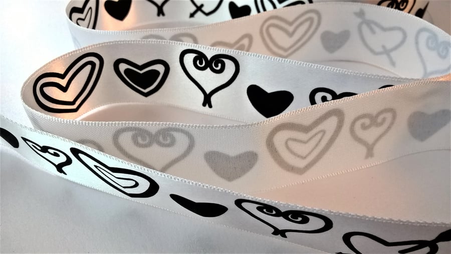 Black & white love heart satin ribbon 25mm 1 inch wide