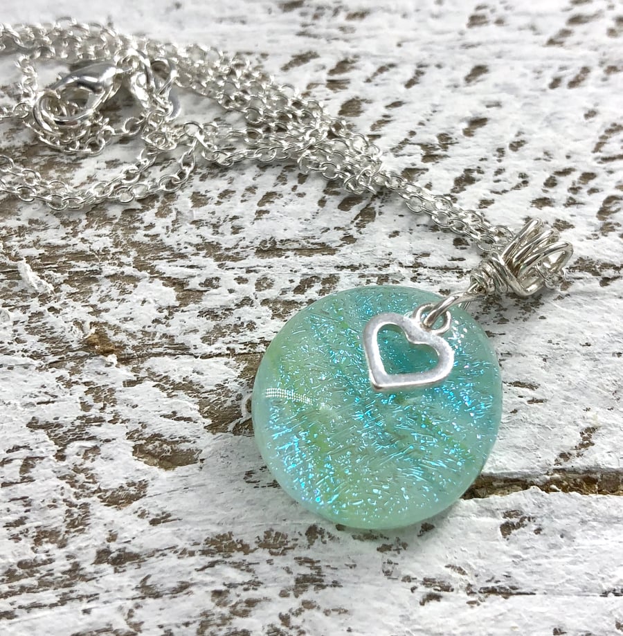Stunning Sterling Silver & Dichroic Glass Necklace with Silver Heart Charm