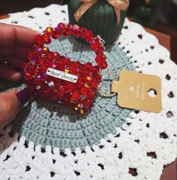 Handmade Red Beaded Mini Bag Keychain