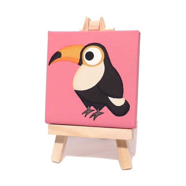 Toucan Original Mini Painting - small pink canvas art with cute tropical bird