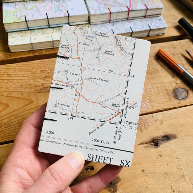 A7 Pocket Sketchbook with Recycled Map Covers and Mixed-Media Pages. Bodmin.