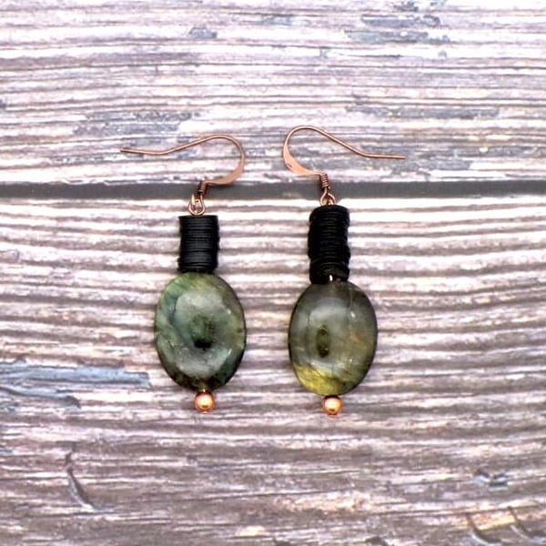 Labradorite Gemstone Dangle Earrings- Copper Ear Wires And Copper Balls- Blue Fl