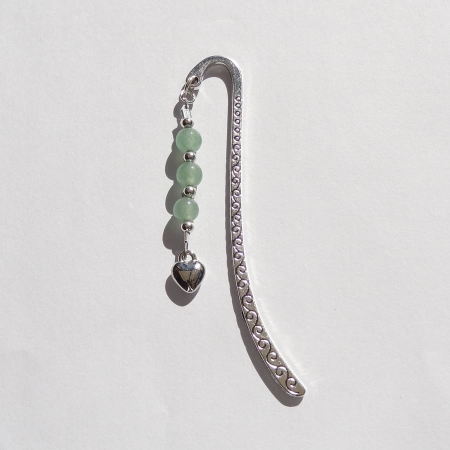 Green Aventurine natural stone beaded bookmark, with heart charm, in organza bag