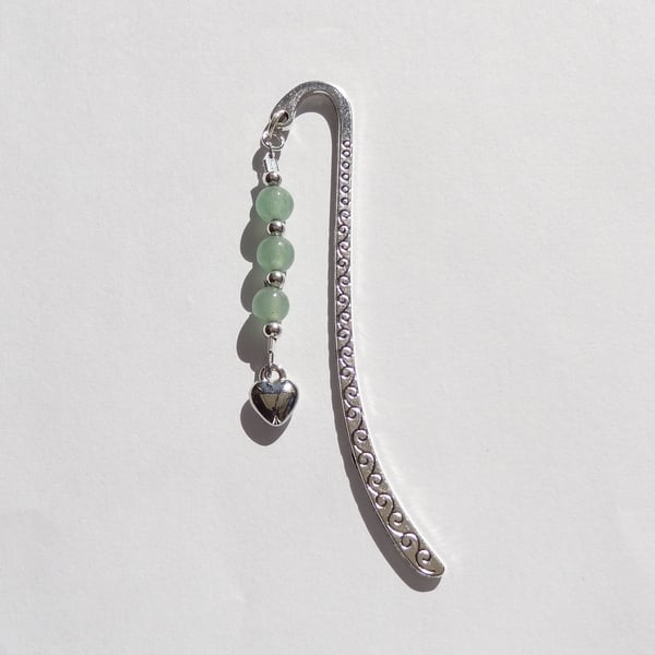 Green Aventurine natural stone beaded bookmark, with heart charm, in organza bag