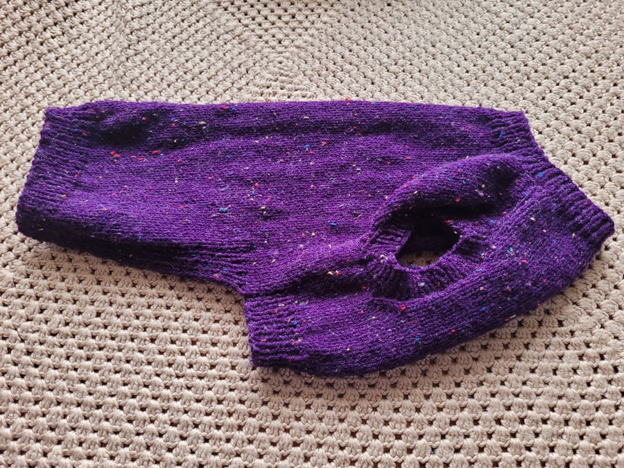 Jumper style dog coat. Purple fleck. Hand knitted 