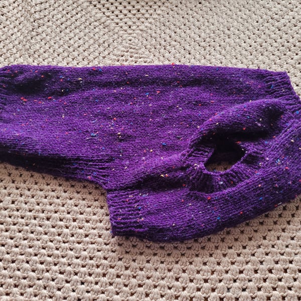 Jumper style dog coat. Purple fleck. Hand knitted 