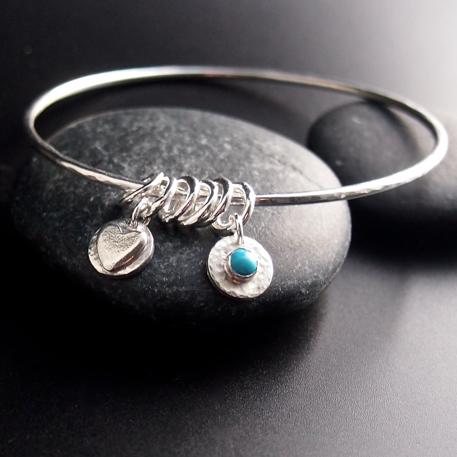 Sterling Silver Bangle with Heart Charms and Turquoise
