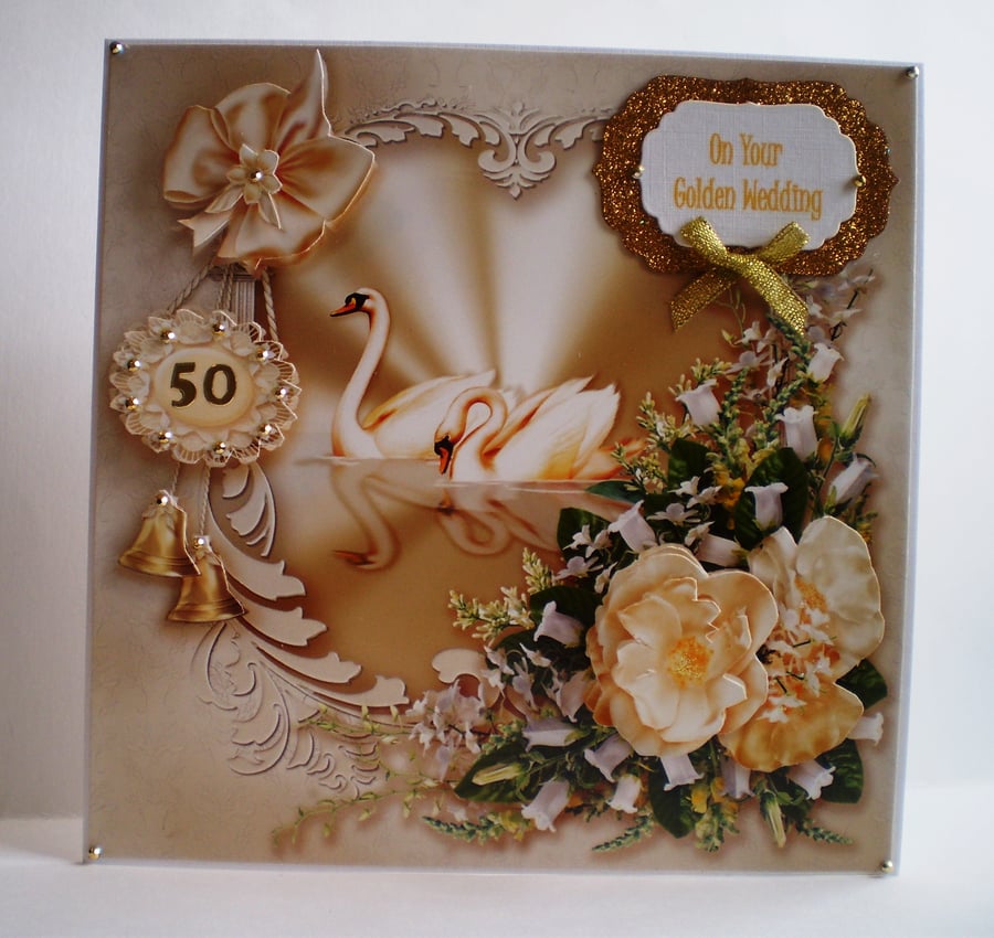 Handmade Large Golden Wedding Card, Swans, Decoupage,3D,