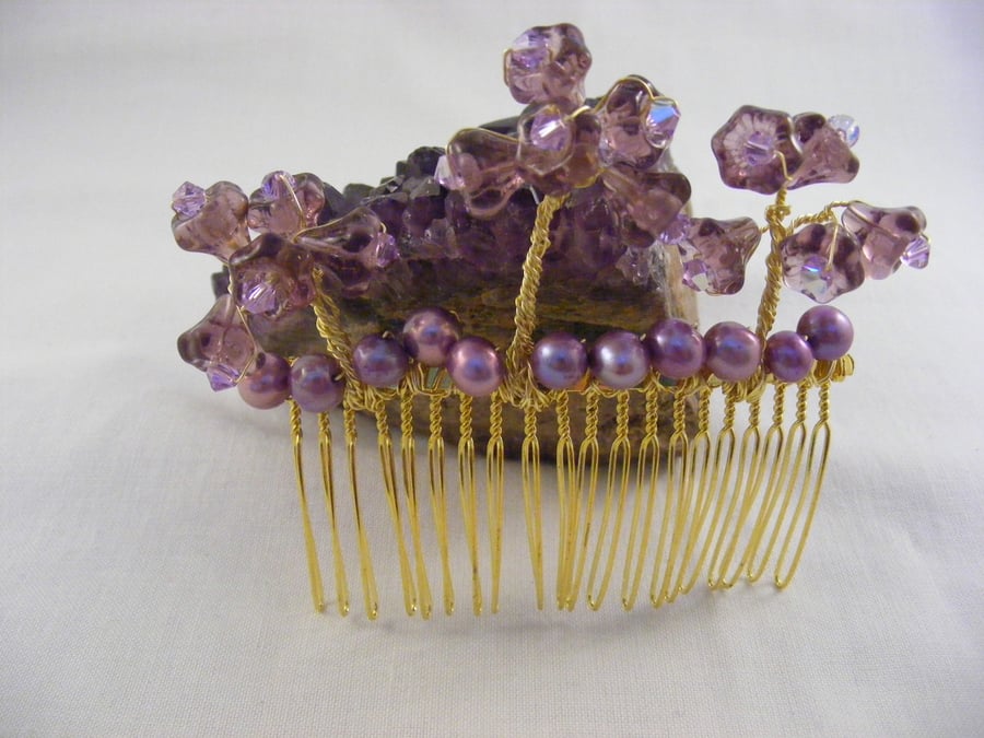 Lilac Freshwater Pearl and Flower Hair Comb