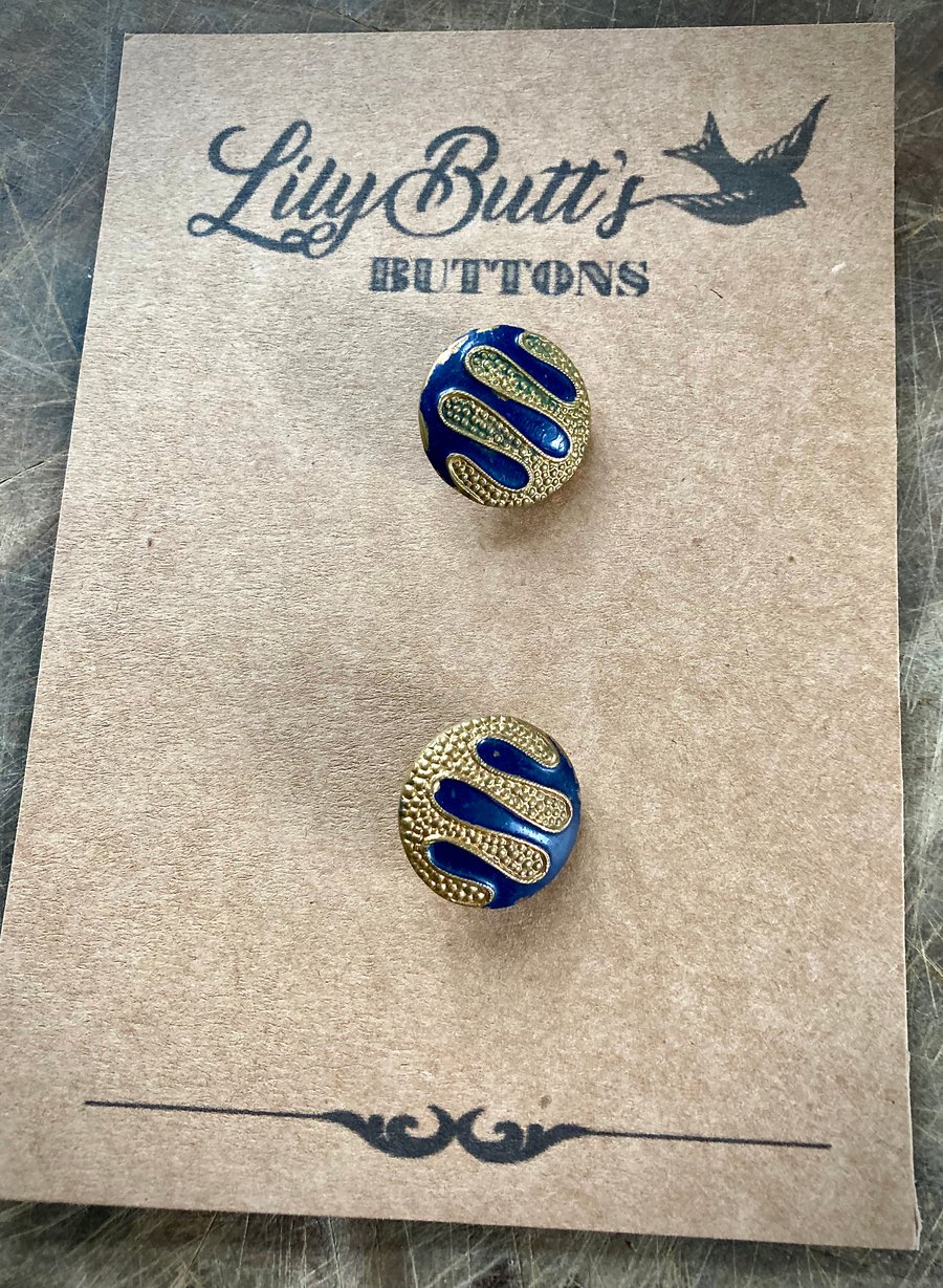 2 Vintage Blue and Gold Metal Buttons - 23mm