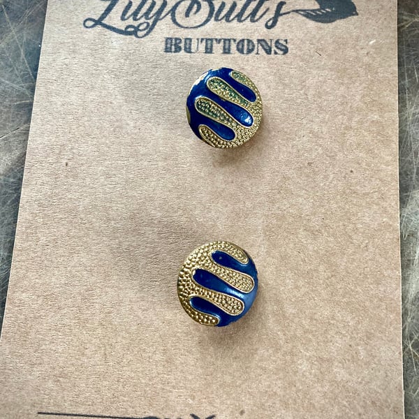 2 Vintage Blue and Gold Metal Buttons - 23mm