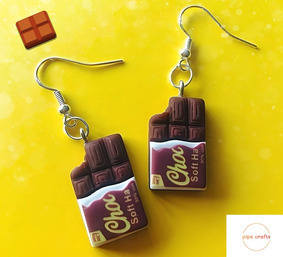 Fun Milk Chocolate Bar Sweet Earrings - Fun Quirky Jewellery, Gift Idea