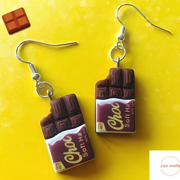 Fun Milk Chocolate Bar Sweet Earrings - Fun Quirky Jewellery, Gift Idea