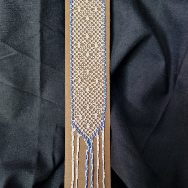 Bobbin Lace Bookmark in White and Blue