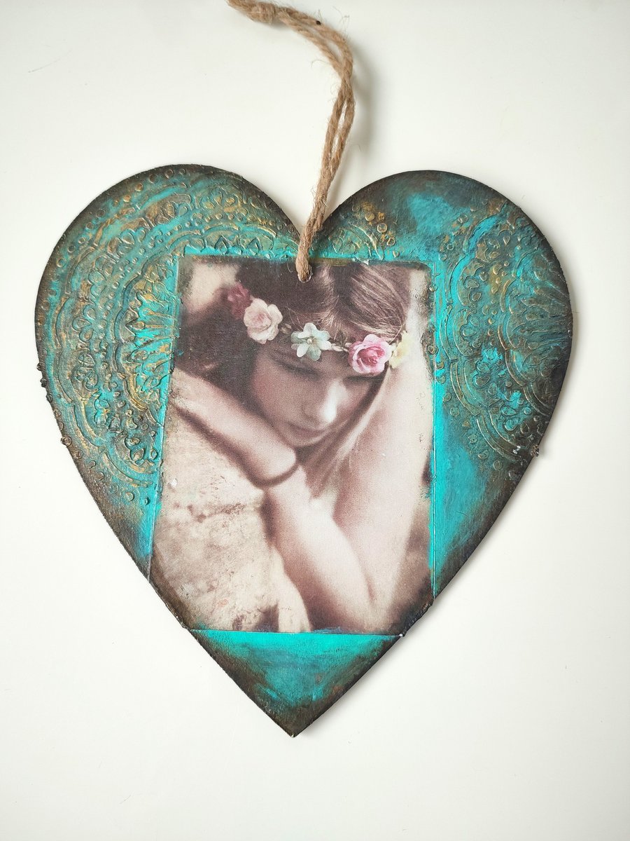 Vintage Wooden hanging heart, decoupage wall decoration, Rustic old photo