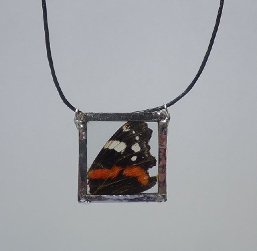 Long necklace pendant Real Red Admiral butterfly wing
