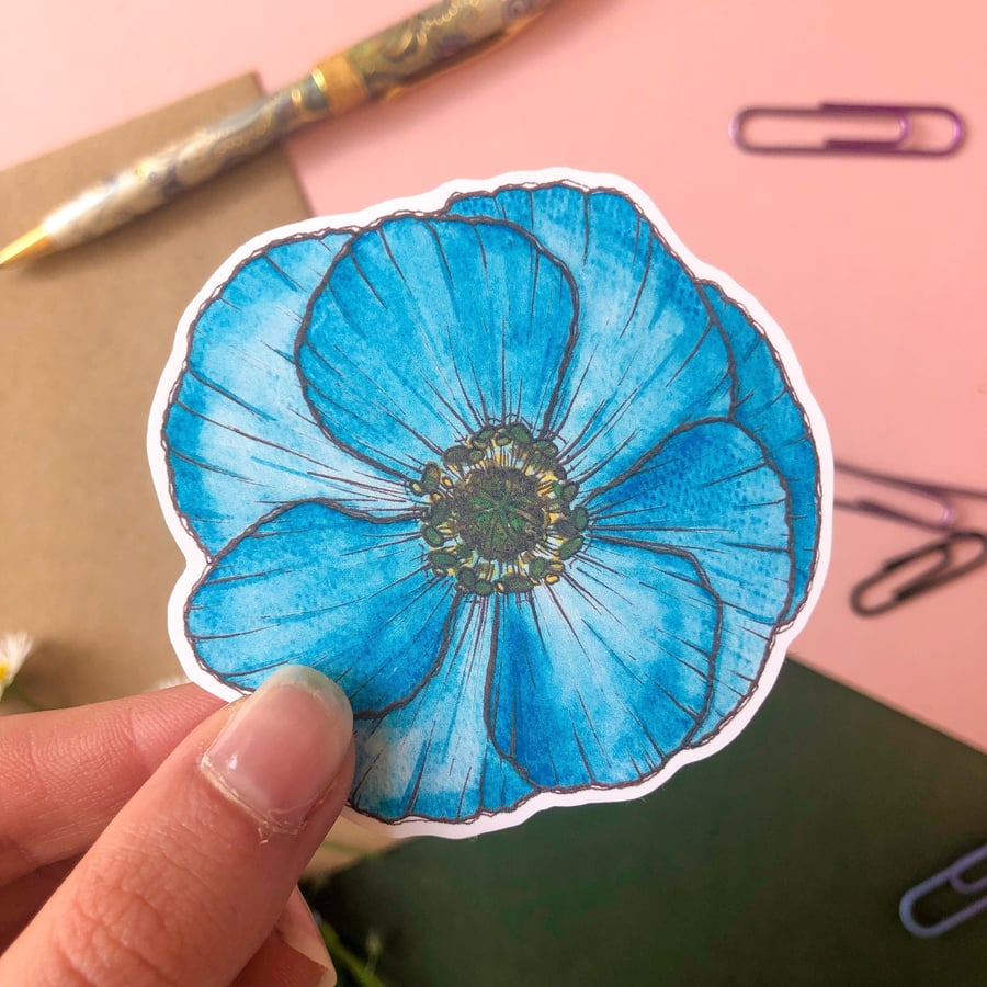 Blue Poppy Sticker: Eco Friendly Recycled Flower Sticker