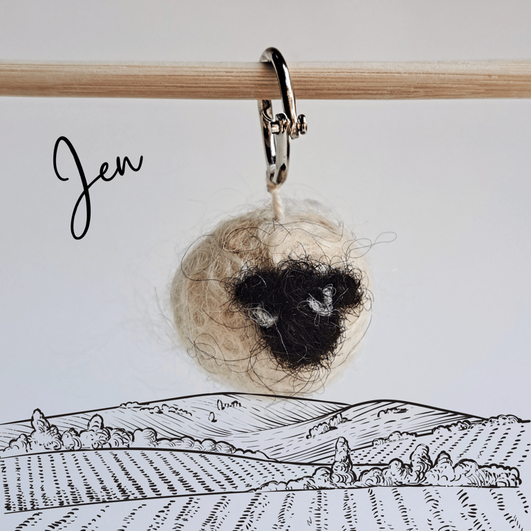 Jen the Sheep keyring and a pocket-sized stress buddy xs