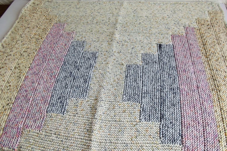 Hand knitted Log Cabin Style Cot Blanket, Beige Blue, 29 x 31, hm123