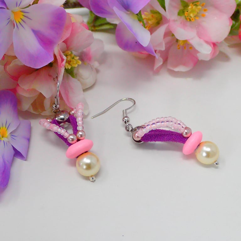 Pastel Pink and purple Beaded Drop Earrings with Shell Pearl 