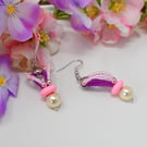 Pastel Pink and purple Beaded Drop Earrings with Shell Pearl 