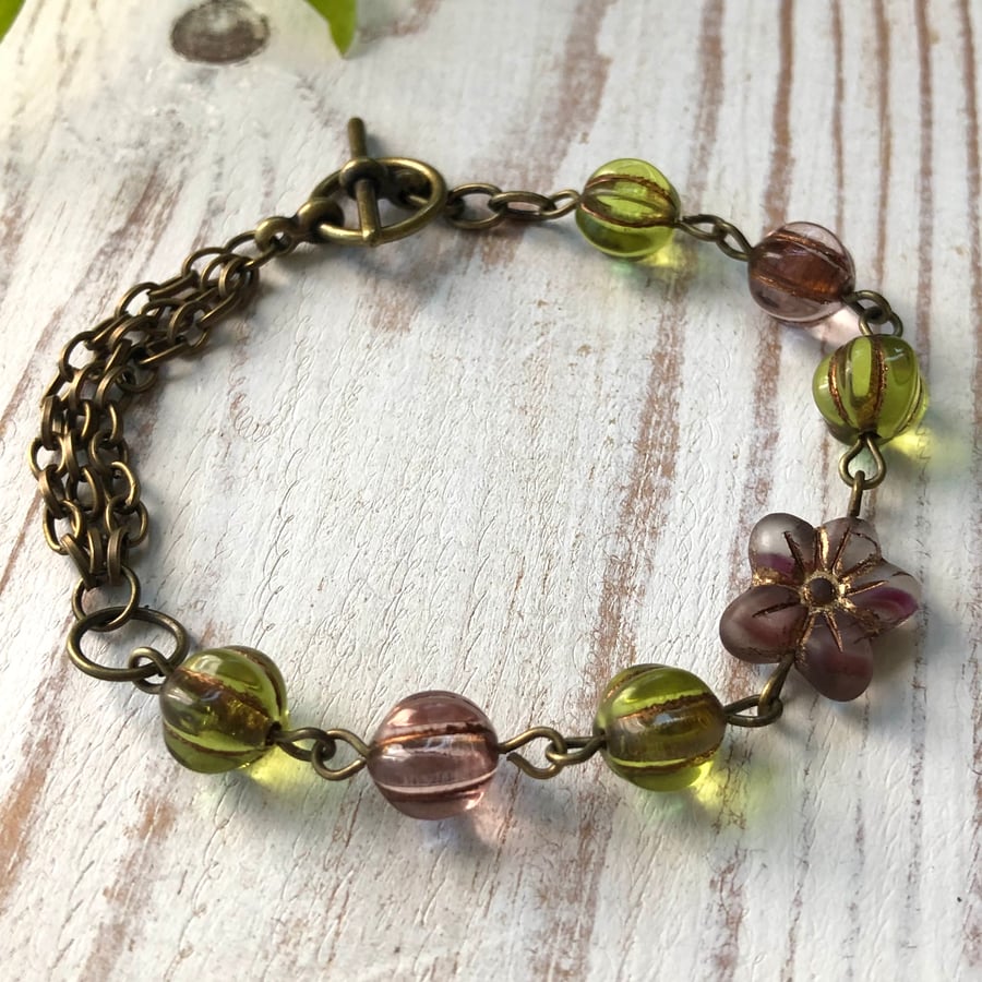 Delicate Green & Purple Czech Glass Bracelet With Flower, Beaded Chain Bracelet
