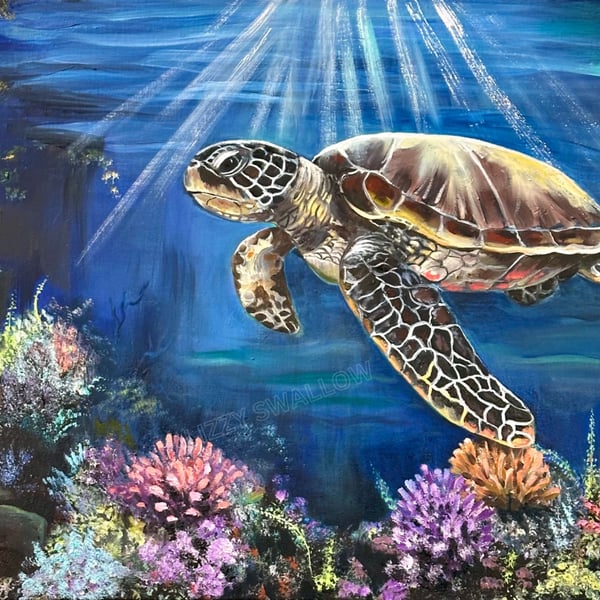 Guardian of the Ocean Light – Original Mixed-Media Turtle Painting