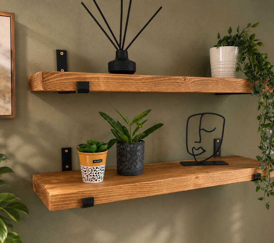 Rustic Reclaimed Timber Shelves with Heavy Duty Up Metal Brackets, Handmade 