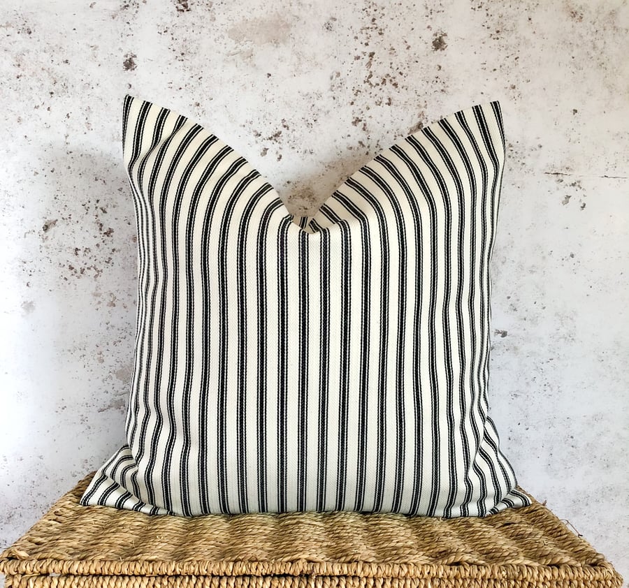 Black and Cream Traditional Ticking Striped Cushion Cover  (16” x 16”)