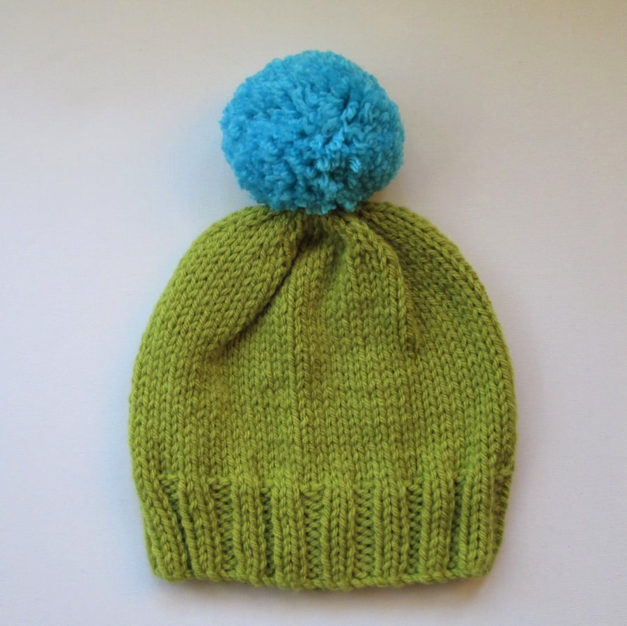 Bobble Hat in Lime Green Chunky Yarn with Blue Pom Pom