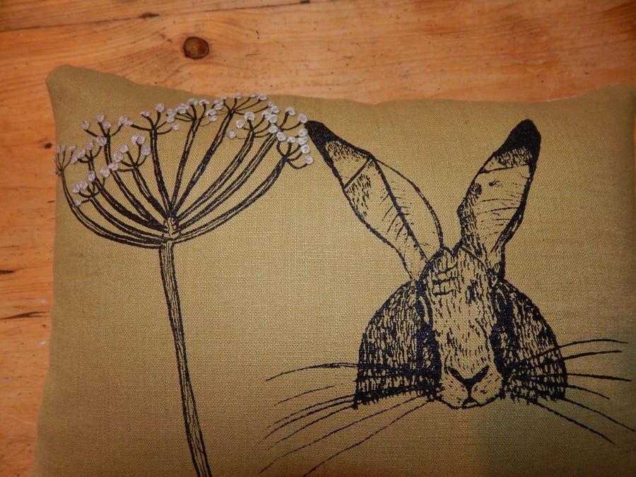 Green Hare -  screen printed small cushion. 33cm x 26cm