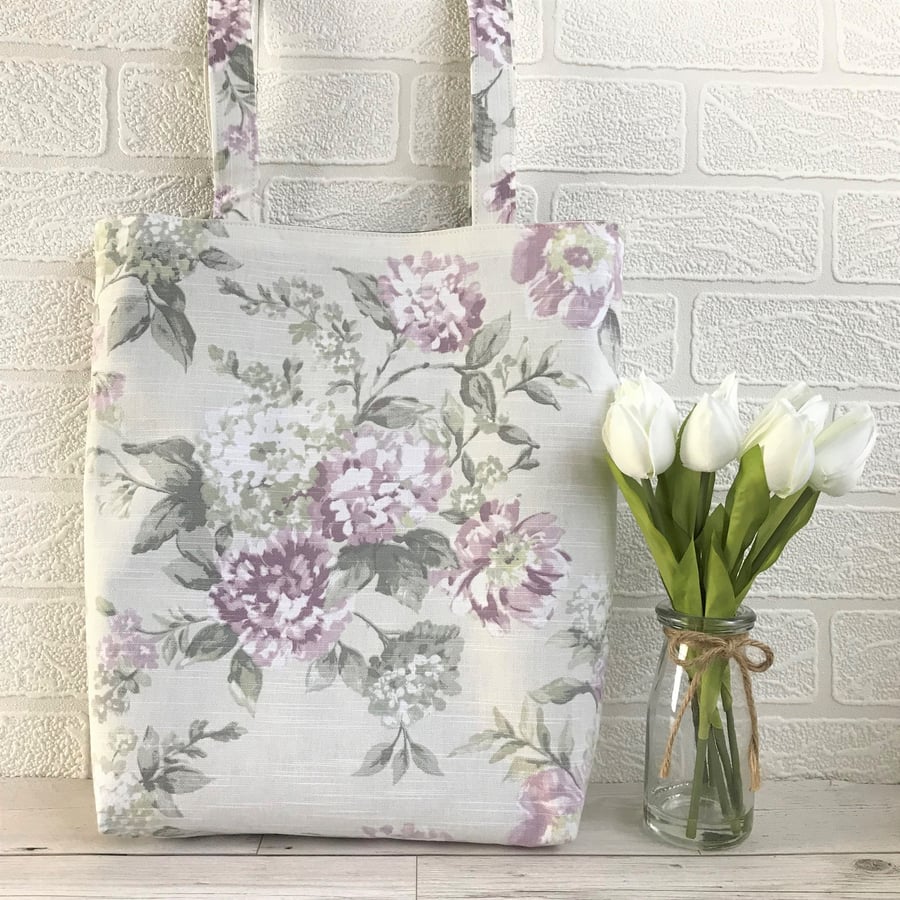 Pastel floral tote bag with sprays of lilac and white flowers