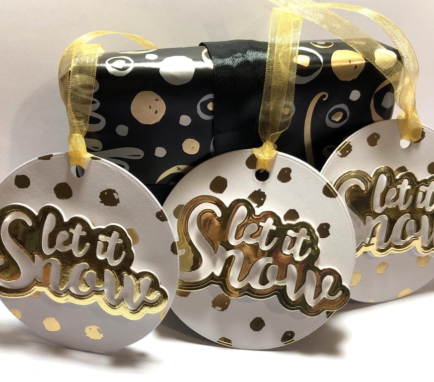 Handmade Christmas Ornament: Gold 'Let it Snow' Tree Decor Set of 3