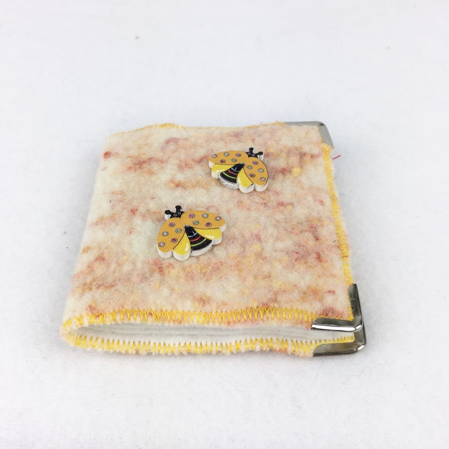 SALE - Orange "tweed" felted sewing needle case with bee decoration