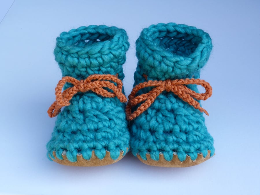 Wool & leather baby boots Turquoise 3-6 months