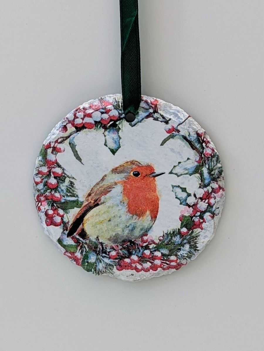 Robin Christmas decoration made from slate, hanging Christmas decor