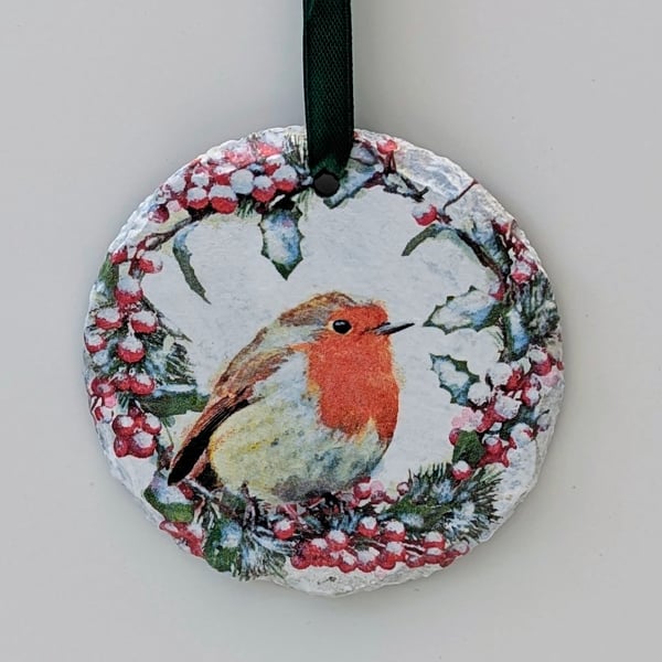 Robin Christmas decoration made from slate, hanging Christmas decor