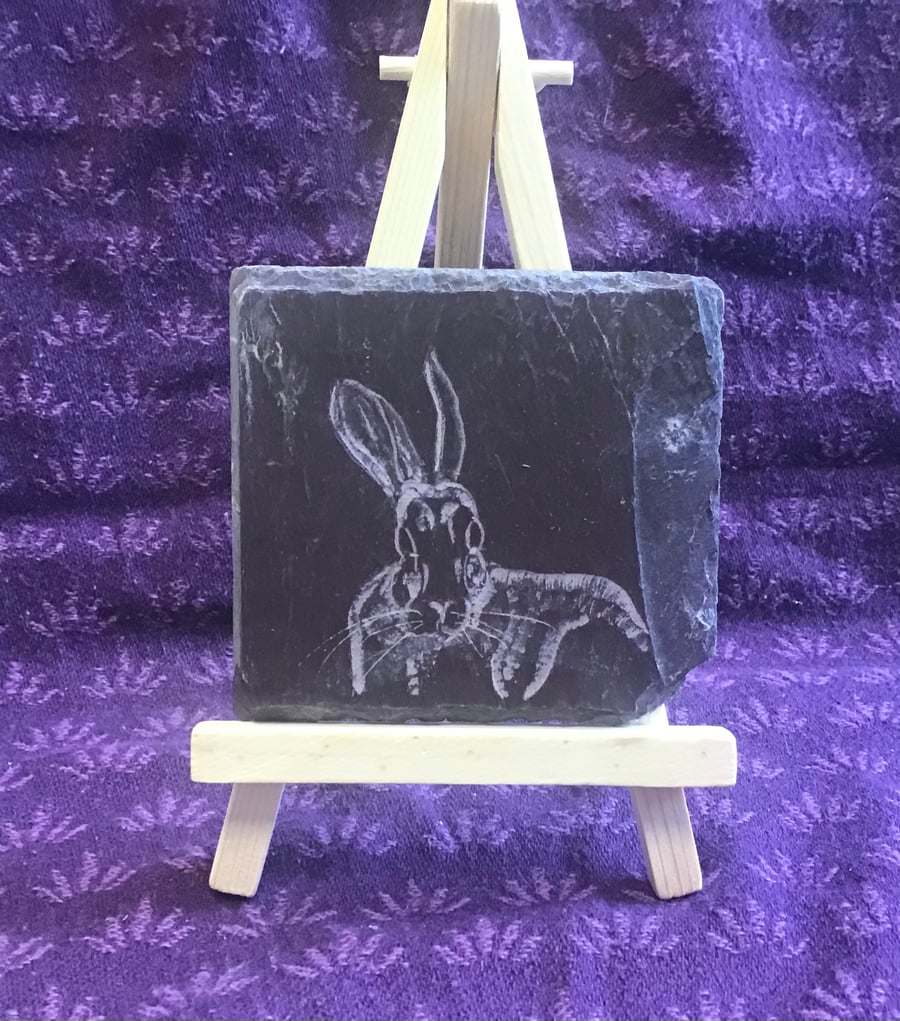 Big Hare resting  - original art hand carved on slate