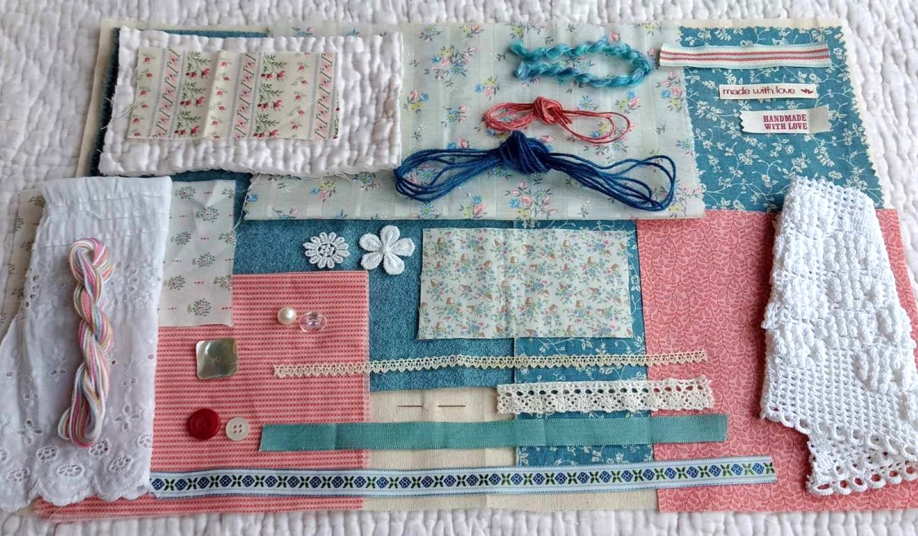 Vintage Blue and Rose Pink Slow Stitching kit with antique textiles