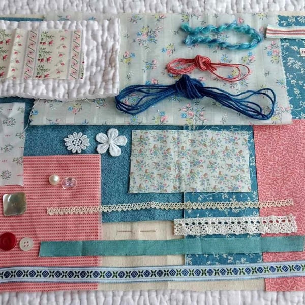 Vintage Blue and Rose Pink Slow Stitching kit with antique textiles